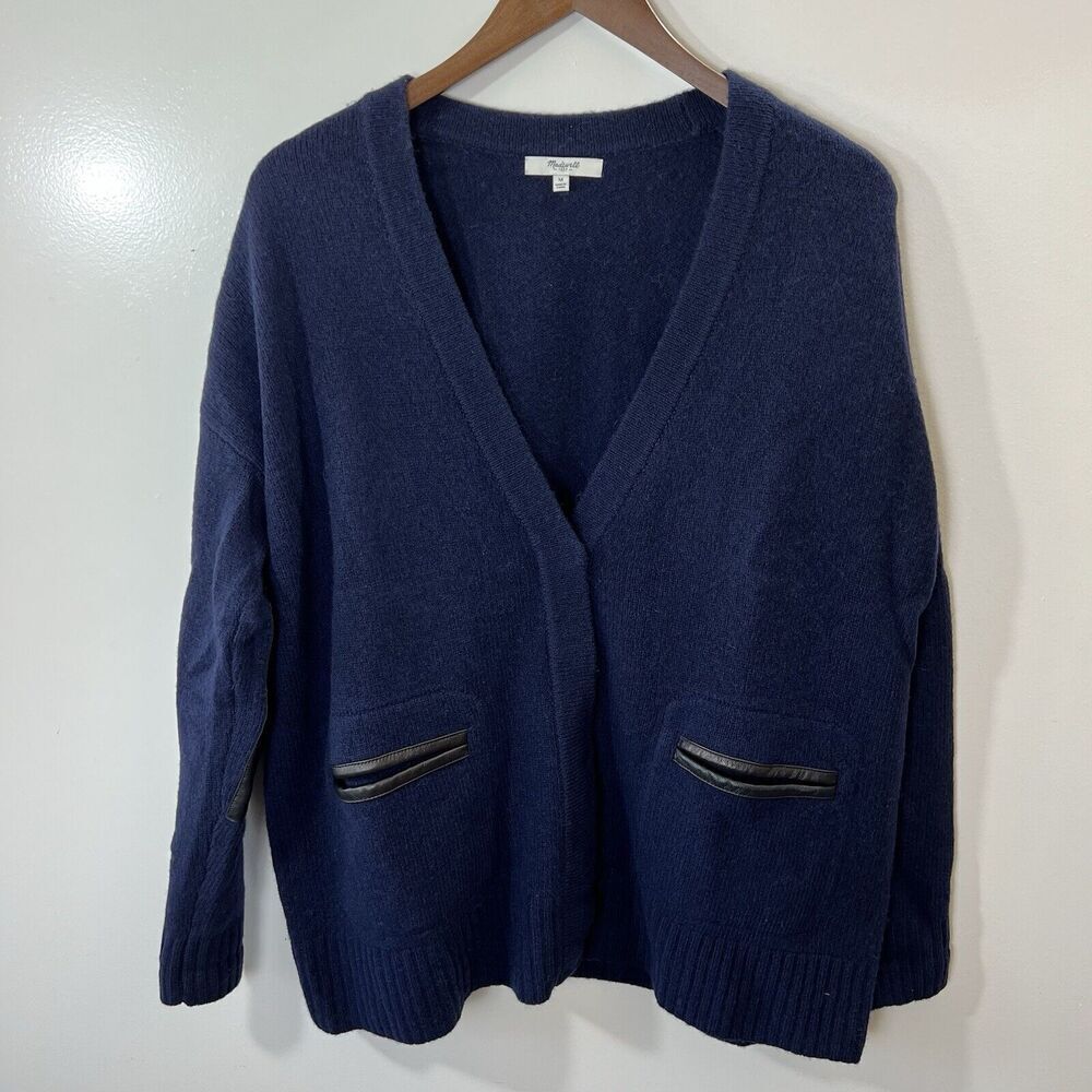 Madewell Women's Lambs Wool Leather Cardigan Size M Navy Patches Preppy Academia